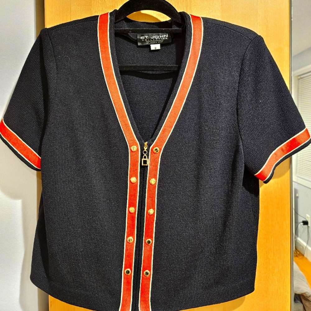 St. John Black and Red Short Sleeve Cardigan